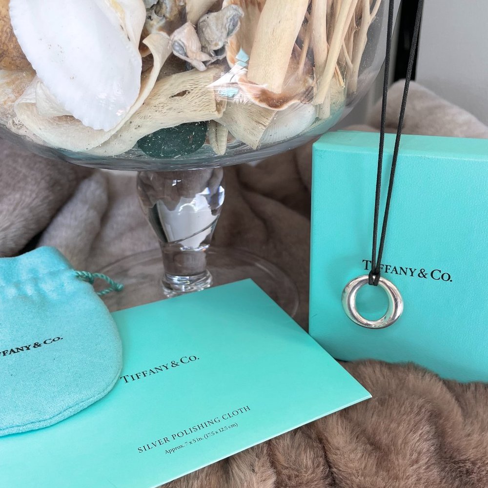 Tiffany & Co. Elsa Peretti Sevillana "O" Silver Pendant &  Silk Cord Necklace